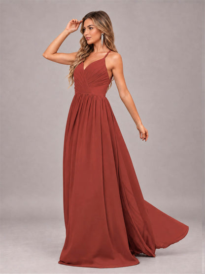 Rust Trendy V-Neck Spaghetti Straps Long Chiffon Bridesmaid Dress