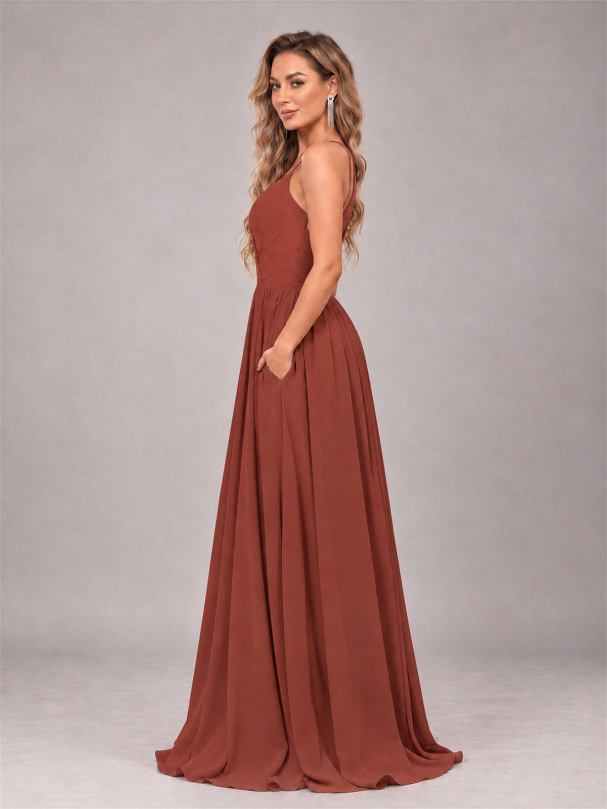 Rust Trendy V-Neck Spaghetti Straps Long Chiffon Bridesmaid Dress