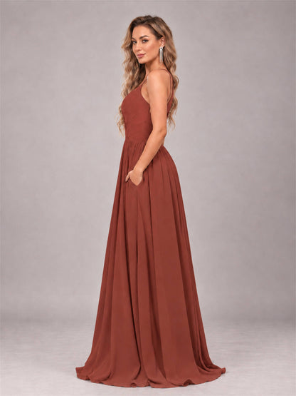 Rust Trendy V-Neck Spaghetti Straps Long Chiffon Bridesmaid Dress