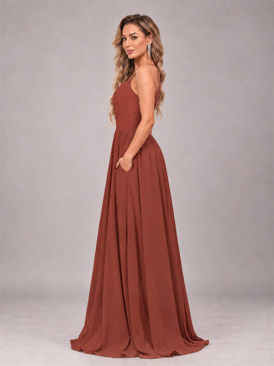 Rust Trendy V-Neck Spaghetti Straps Long Chiffon Bridesmaid Dress