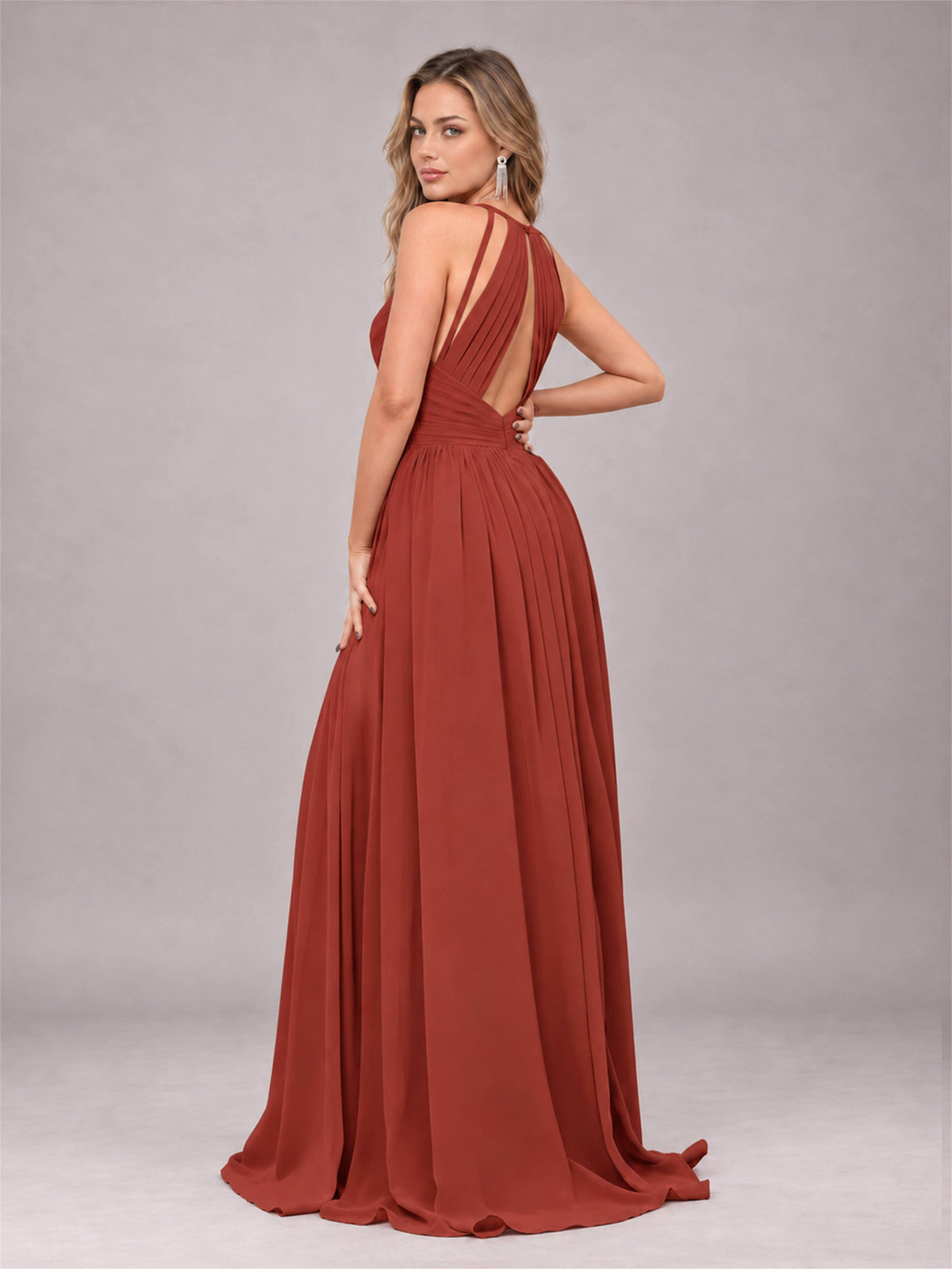 Rust Trendy V-Neck Spaghetti Straps Long Chiffon Bridesmaid Dress