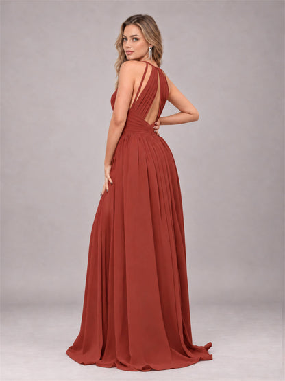 Rust Trendy V-Neck Spaghetti Straps Long Chiffon Bridesmaid Dress