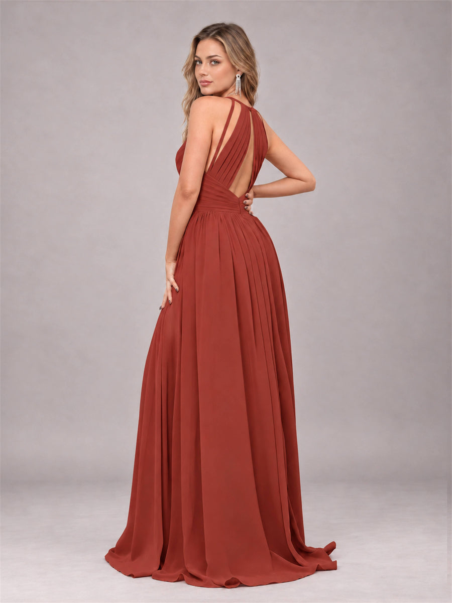 Rust Trendy V-Neck Spaghetti Straps Long Chiffon Bridesmaid Dress