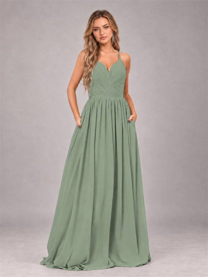 Sage Green Trendy V-Neck Spaghetti Straps Long Chiffon Bridesmaid Dress