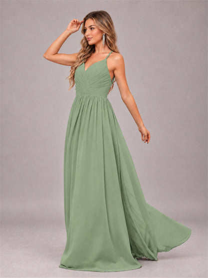 Sage Green Trendy V-Neck Spaghetti Straps Long Chiffon Bridesmaid Dress