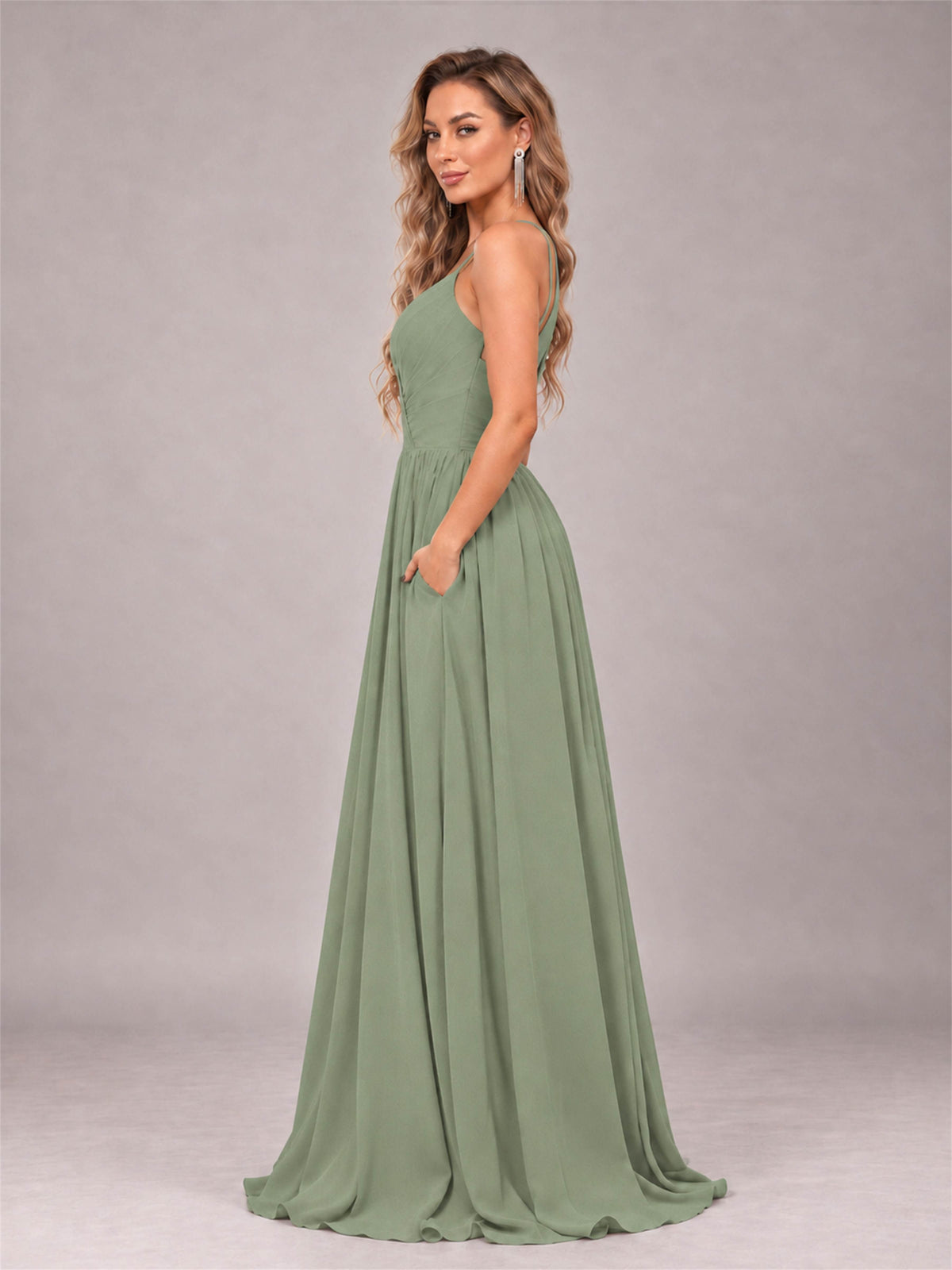 Sage Green Trendy V-Neck Spaghetti Straps Long Chiffon Bridesmaid Dress