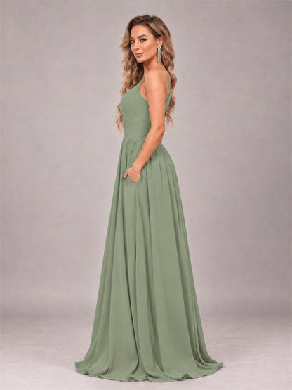 Sage Green Trendy V-Neck Spaghetti Straps Long Chiffon Bridesmaid Dress