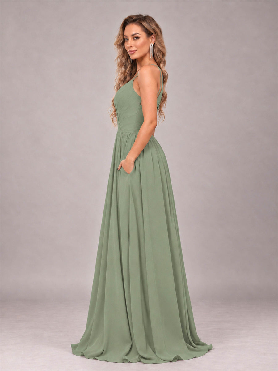 Sage Green Trendy V-Neck Spaghetti Straps Long Chiffon Bridesmaid Dress