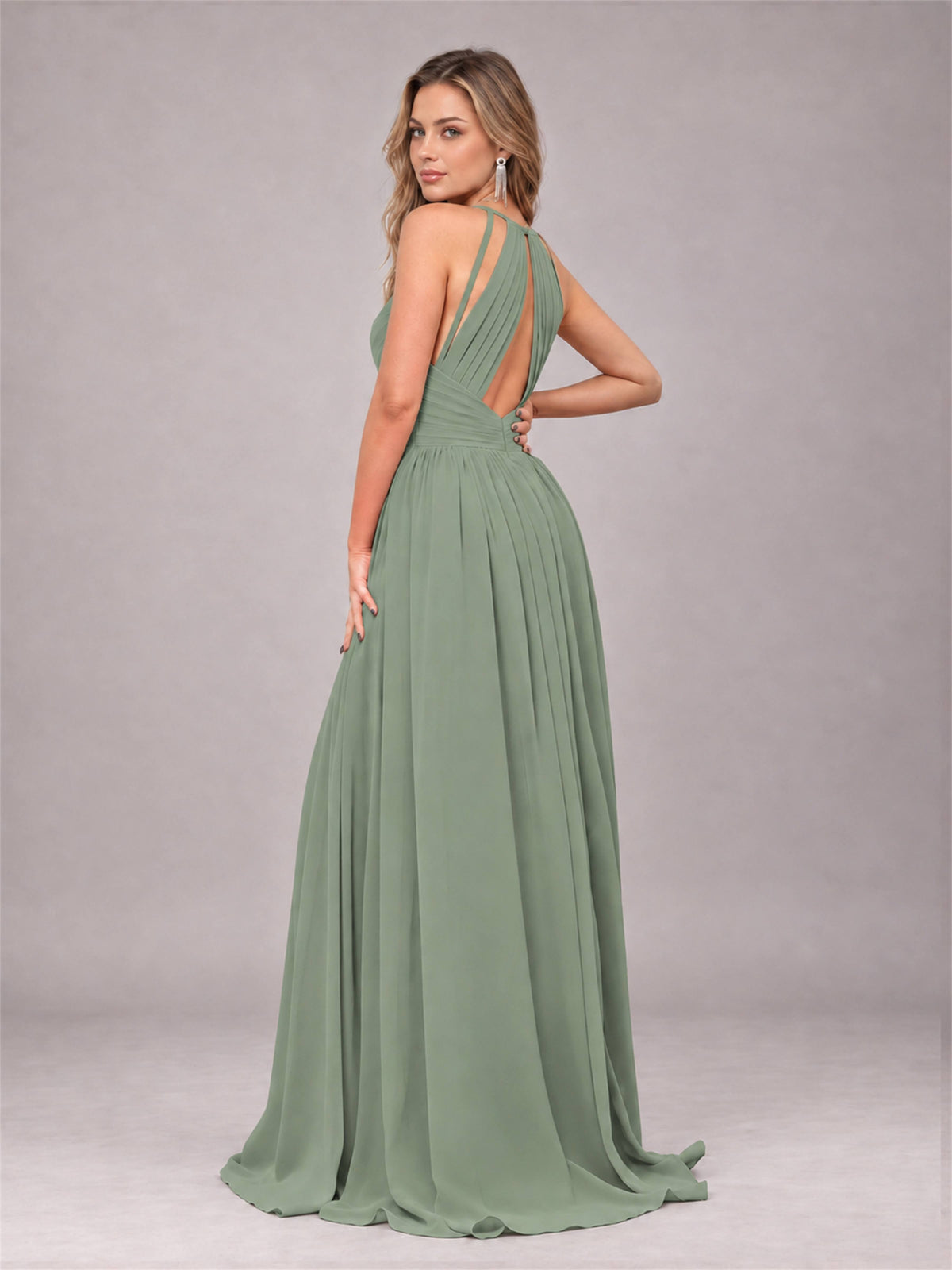Sage Green Trendy V-Neck Spaghetti Straps Long Chiffon Bridesmaid Dress