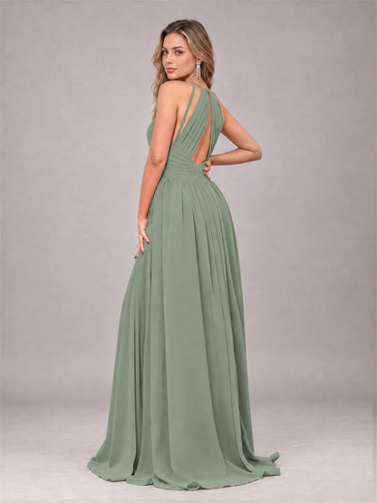 Sage Green Trendy V-Neck Spaghetti Straps Long Chiffon Bridesmaid Dress