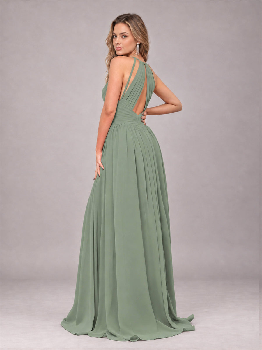 Sage Green Trendy V-Neck Spaghetti Straps Long Chiffon Bridesmaid Dress