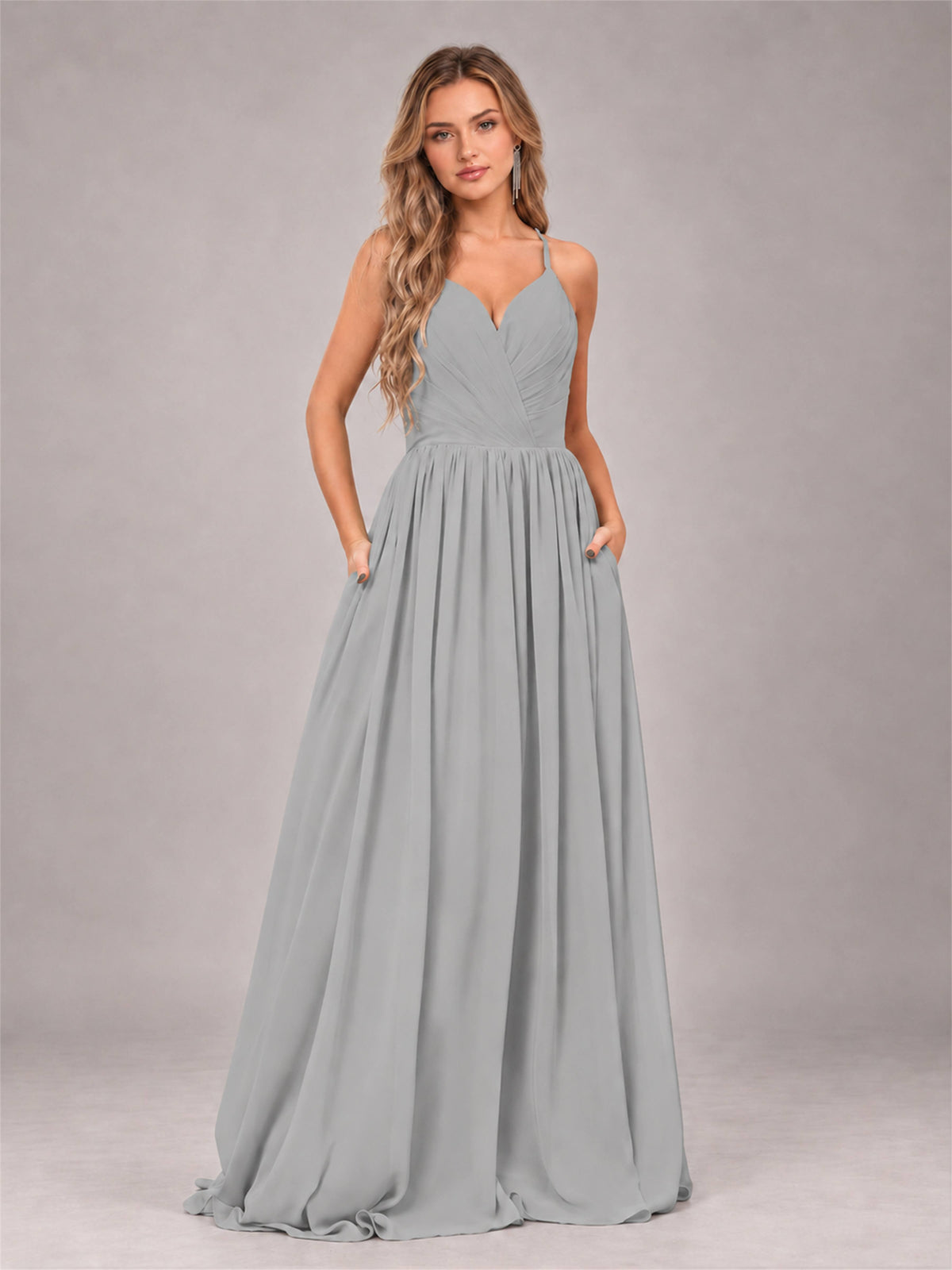Silver Trendy V-Neck Spaghetti Straps Long Chiffon Bridesmaid Dress