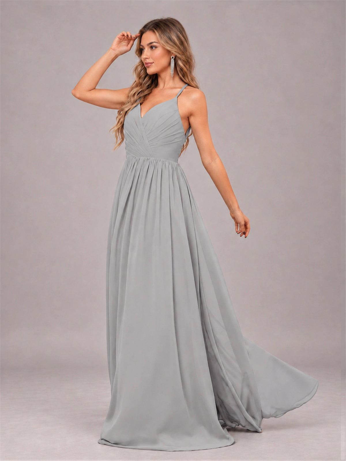 Silver Trendy V-Neck Spaghetti Straps Long Chiffon Bridesmaid Dress