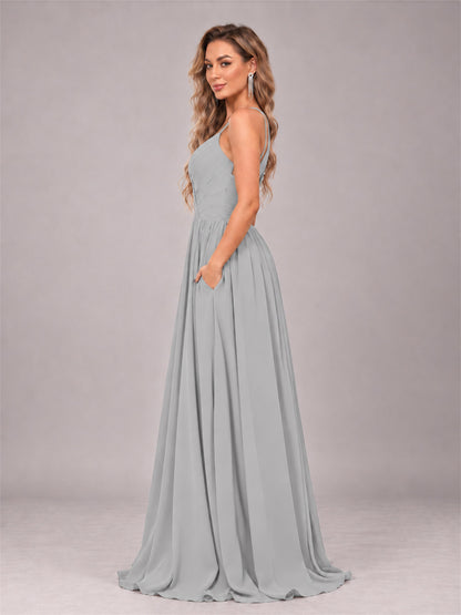 Silver Trendy V-Neck Spaghetti Straps Long Chiffon Bridesmaid Dress