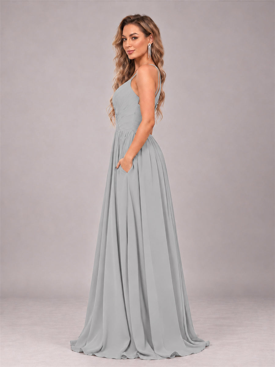 Silver Trendy V-Neck Spaghetti Straps Long Chiffon Bridesmaid Dress
