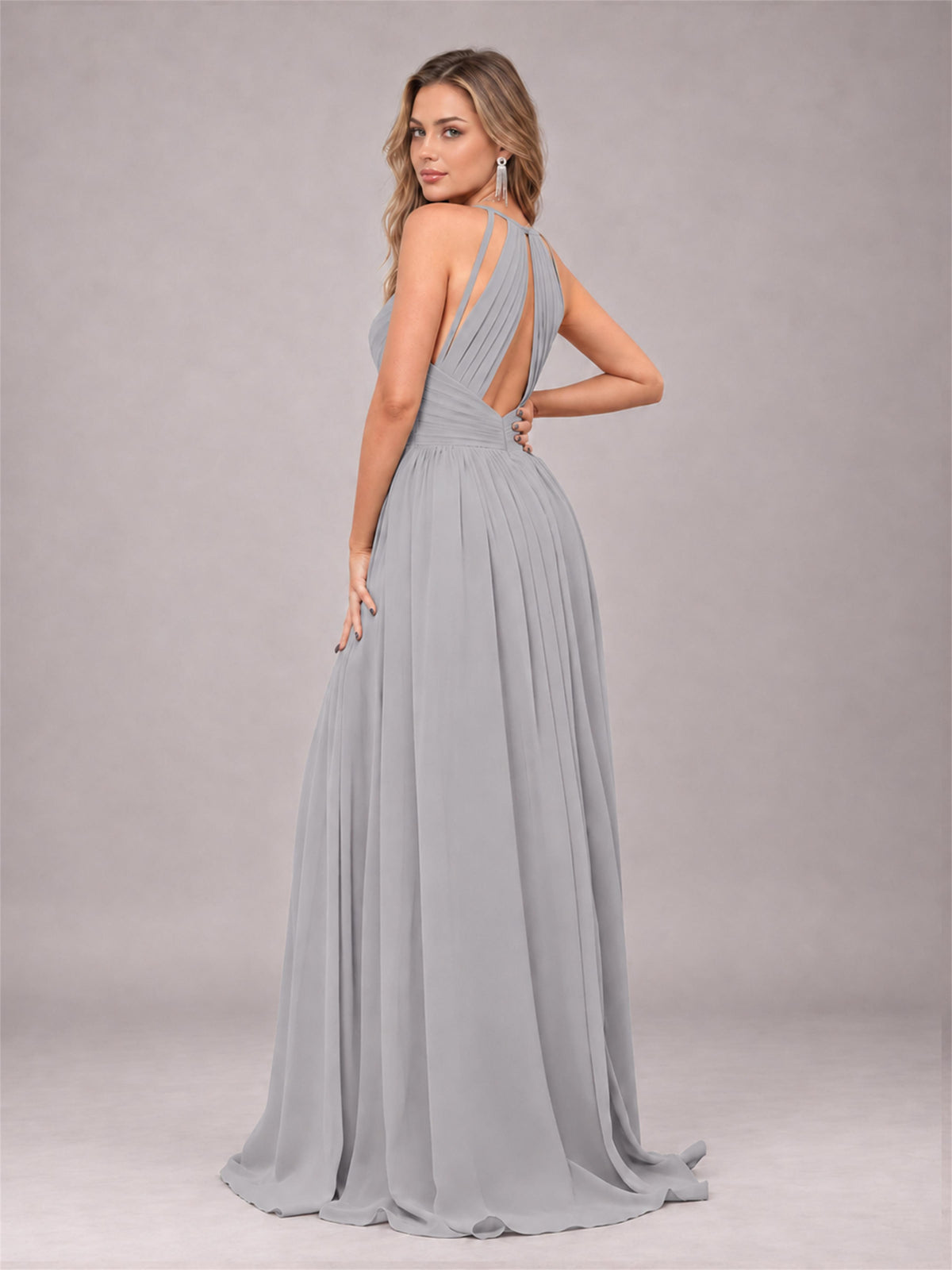 Silver Trendy V-Neck Spaghetti Straps Long Chiffon Bridesmaid Dress