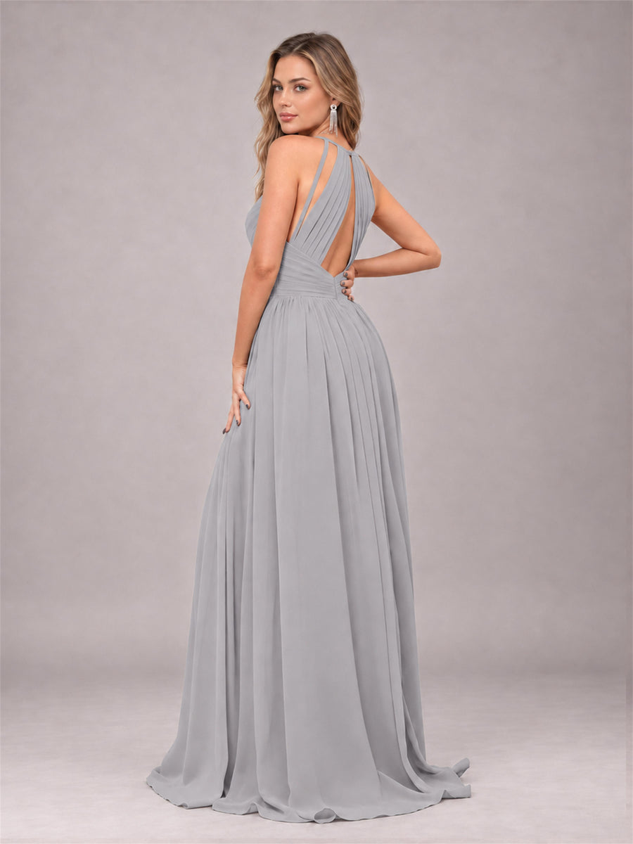 Silver Trendy V-Neck Spaghetti Straps Long Chiffon Bridesmaid Dress