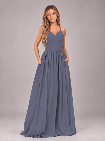 Stormy Blue Trendy V-Neck Spaghetti Straps Long Chiffon Bridesmaid Dress