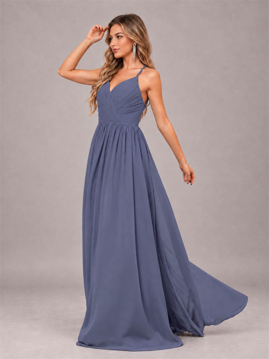 Stormy Blue Trendy V-Neck Spaghetti Straps Long Chiffon Bridesmaid Dress