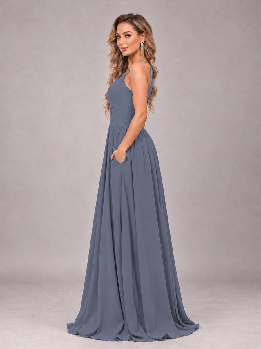 Stormy Blue Trendy V-Neck Spaghetti Straps Long Chiffon Bridesmaid Dress
