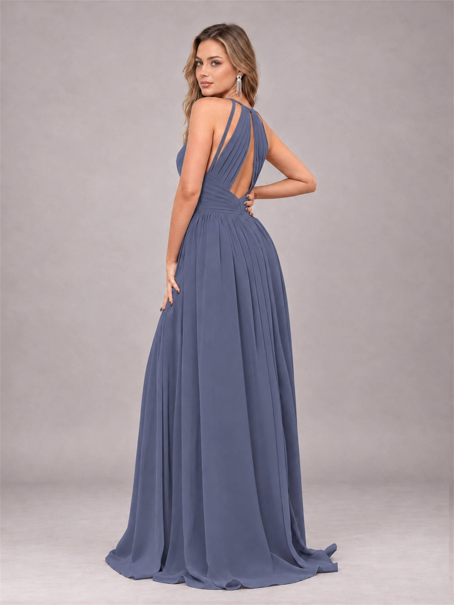 Stormy Blue Trendy V-Neck Spaghetti Straps Long Chiffon Bridesmaid Dress