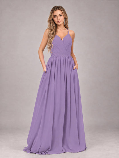 Tahiti Trendy V-Neck Spaghetti Straps Long Chiffon Bridesmaid Dress