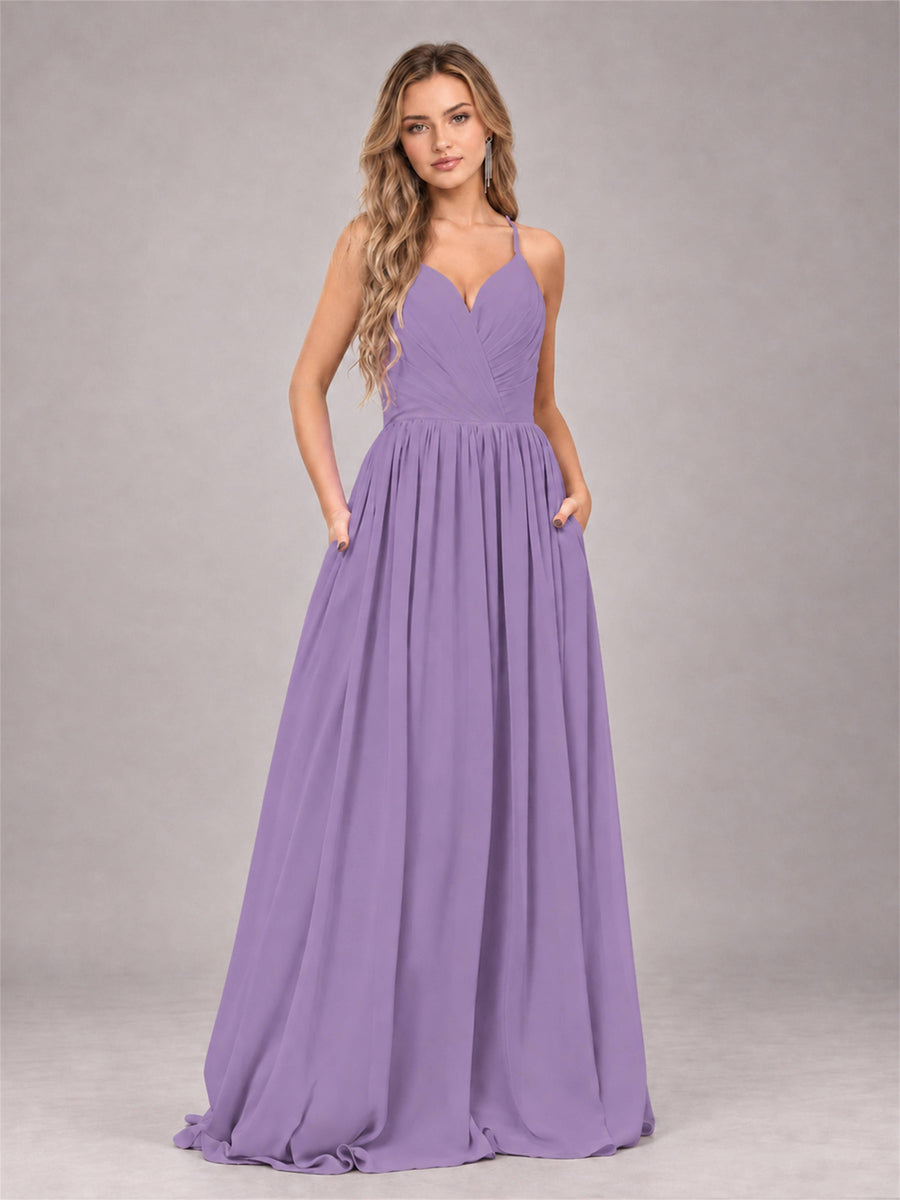 Tahiti Trendy V-Neck Spaghetti Straps Long Chiffon Bridesmaid Dress