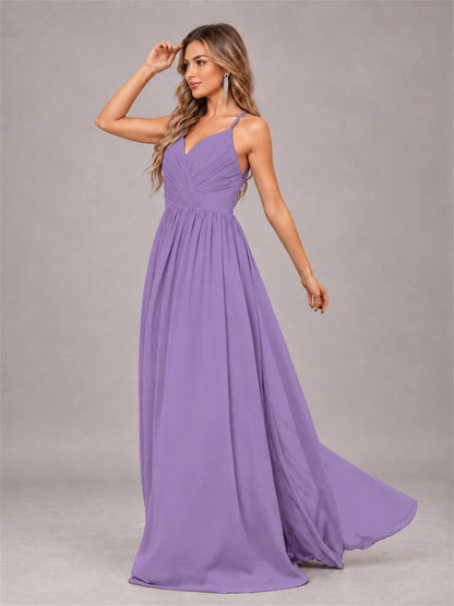 Tahiti Trendy V-Neck Spaghetti Straps Long Chiffon Bridesmaid Dress