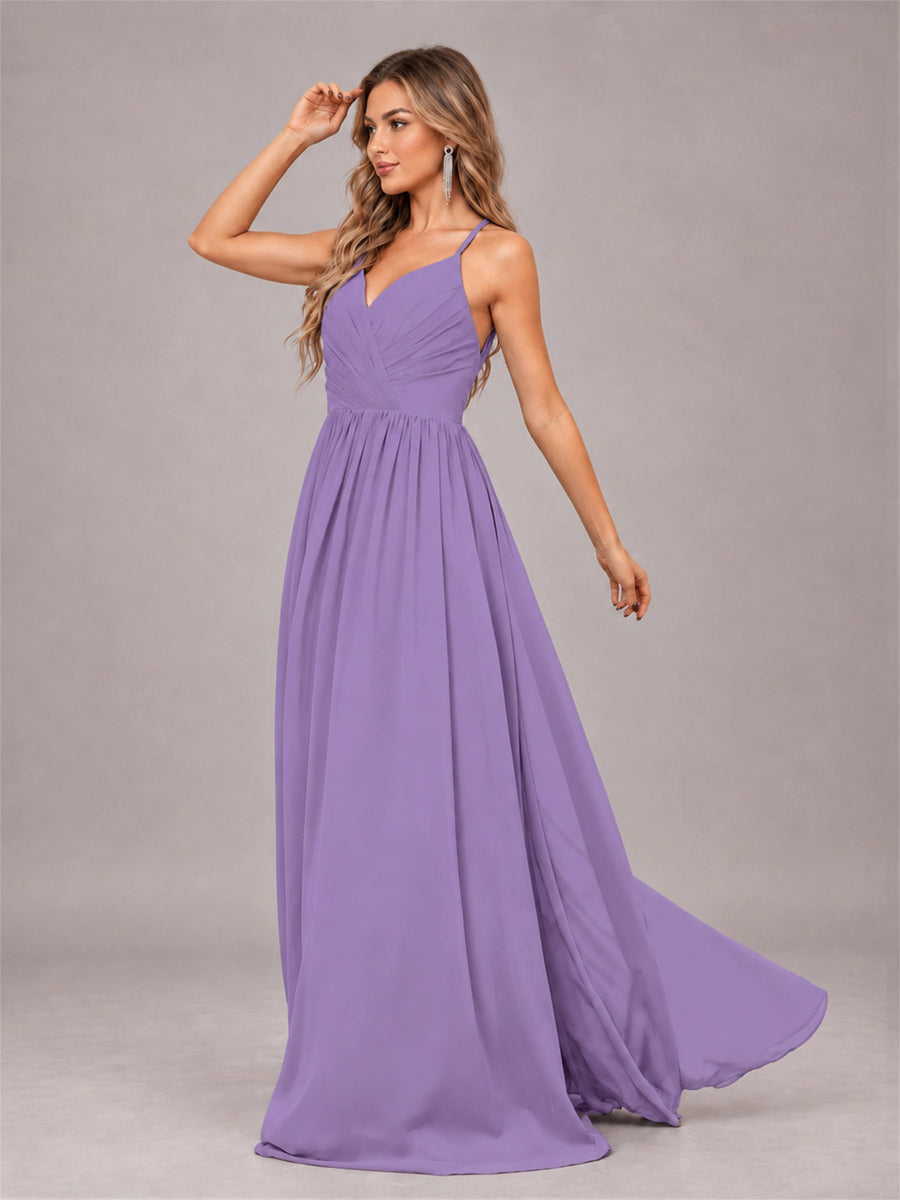 Tahiti Trendy V-Neck Spaghetti Straps Long Chiffon Bridesmaid Dress