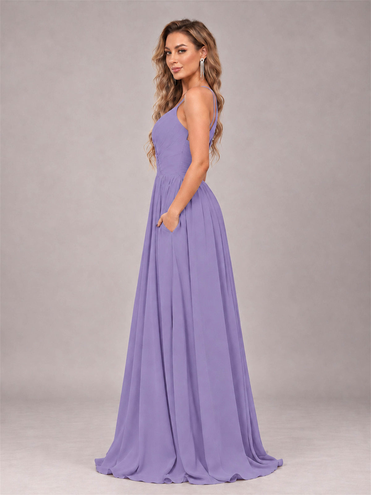 Tahiti Trendy V-Neck Spaghetti Straps Long Chiffon Bridesmaid Dress