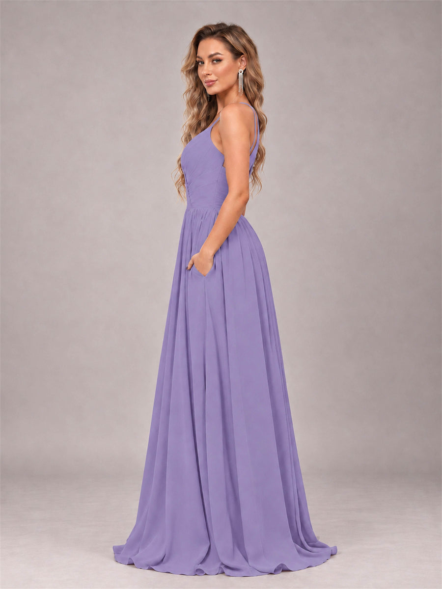 Tahiti Trendy V-Neck Spaghetti Straps Long Chiffon Bridesmaid Dress