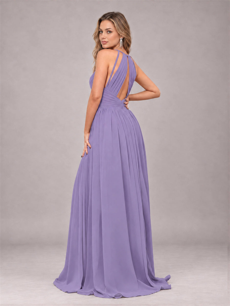 Tahiti Trendy V-Neck Spaghetti Straps Long Chiffon Bridesmaid Dress