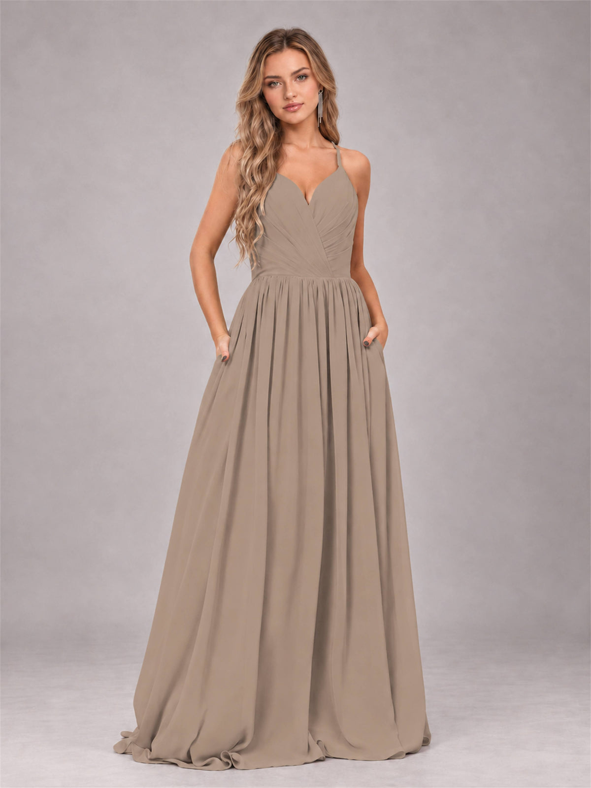 Taupe Trendy V-Neck Spaghetti Straps Long Chiffon Bridesmaid Dress