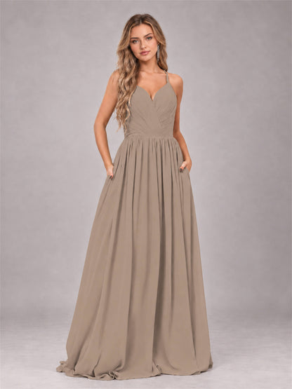Taupe Trendy V-Neck Spaghetti Straps Long Chiffon Bridesmaid Dress