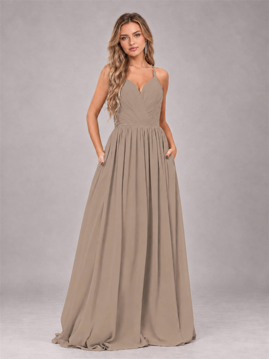 Taupe Trendy V-Neck Spaghetti Straps Long Chiffon Bridesmaid Dress
