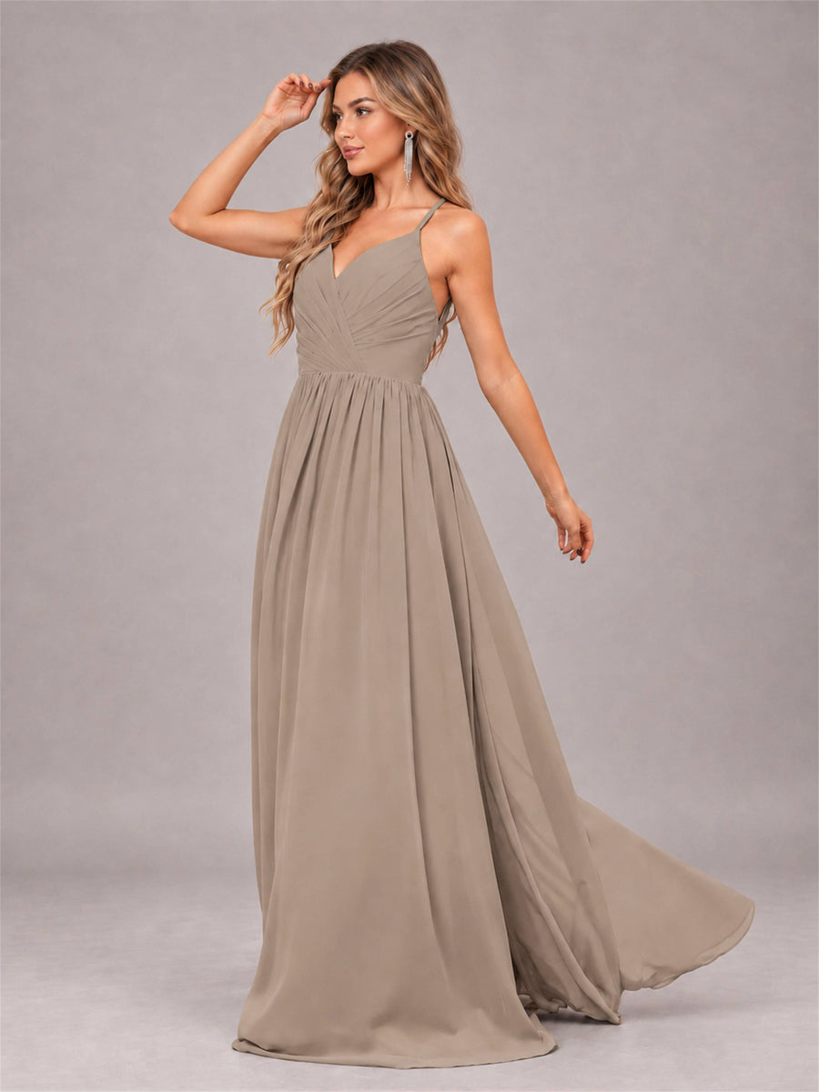Taupe Trendy V-Neck Spaghetti Straps Long Chiffon Bridesmaid Dress