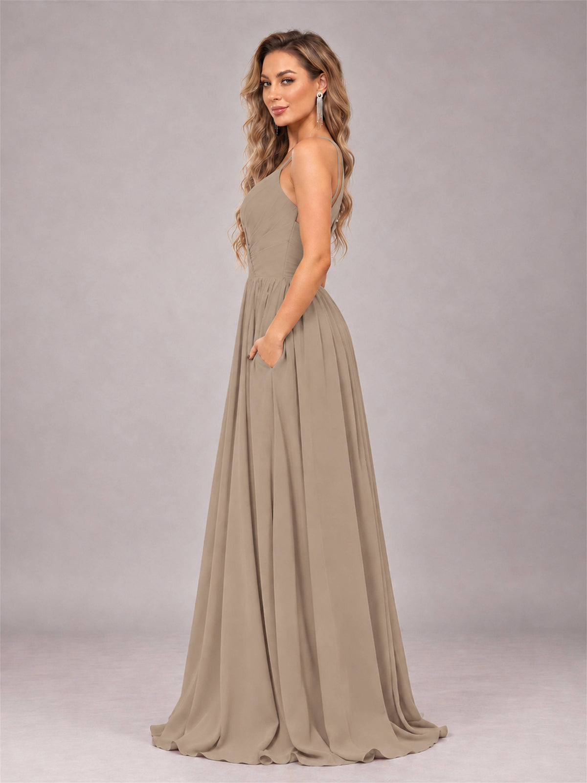 Taupe Trendy V-Neck Spaghetti Straps Long Chiffon Bridesmaid Dress