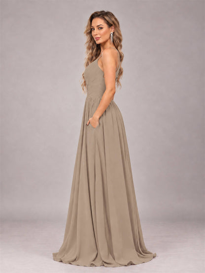 Taupe Trendy V-Neck Spaghetti Straps Long Chiffon Bridesmaid Dress