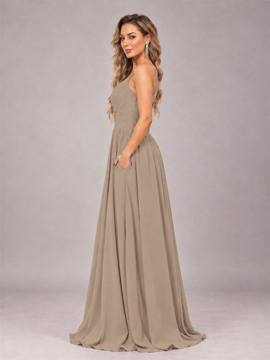 Taupe Trendy V-Neck Spaghetti Straps Long Chiffon Bridesmaid Dress