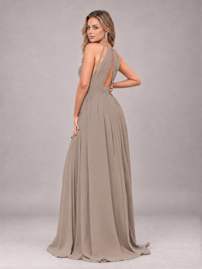 Taupe Trendy V-Neck Spaghetti Straps Long Chiffon Bridesmaid Dress