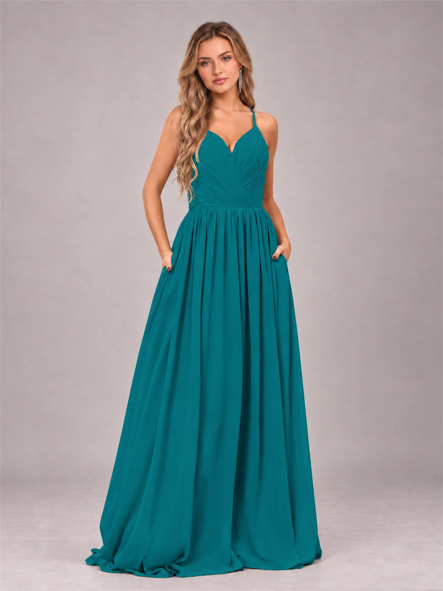 Teal Trendy V-Neck Spaghetti Straps Long Chiffon Bridesmaid Dress