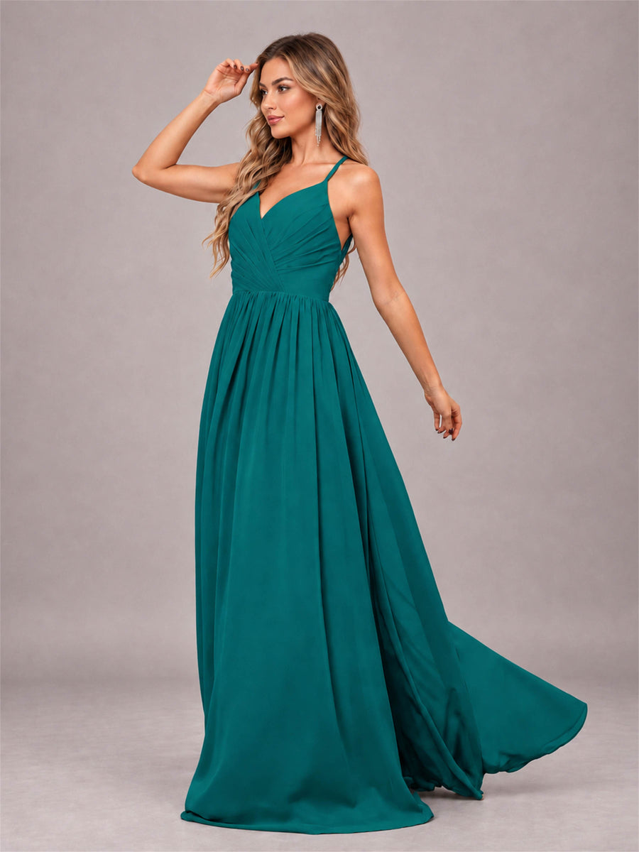 Teal Trendy V-Neck Spaghetti Straps Long Chiffon Bridesmaid Dress