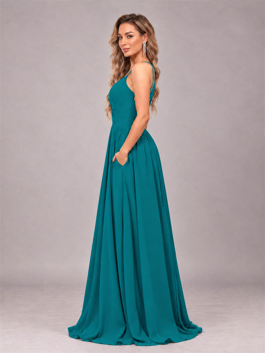 Teal Trendy V-Neck Spaghetti Straps Long Chiffon Bridesmaid Dress