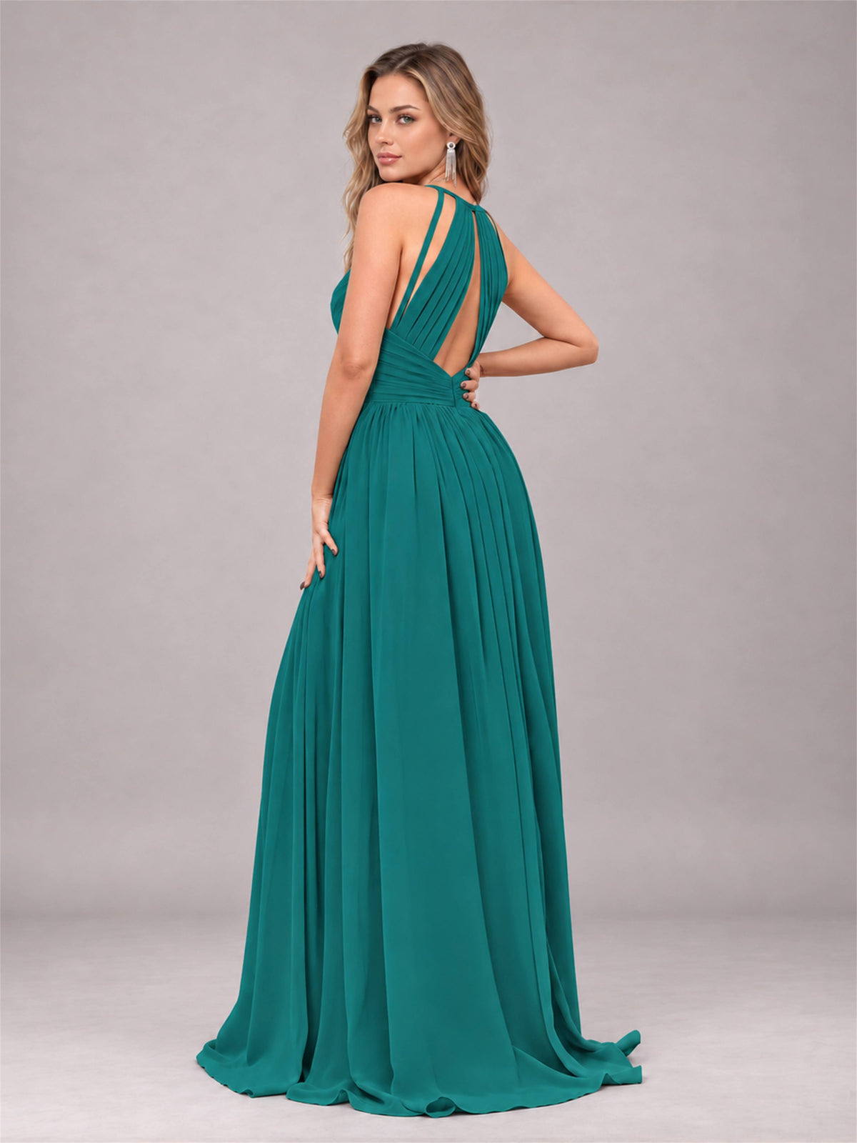 Teal Trendy V-Neck Spaghetti Straps Long Chiffon Bridesmaid Dress