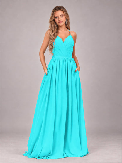 Turquoise Trendy V-Neck Spaghetti Straps Long Chiffon Bridesmaid Dress