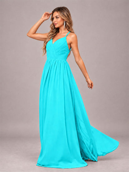 Turquoise Trendy V-Neck Spaghetti Straps Long Chiffon Bridesmaid Dress