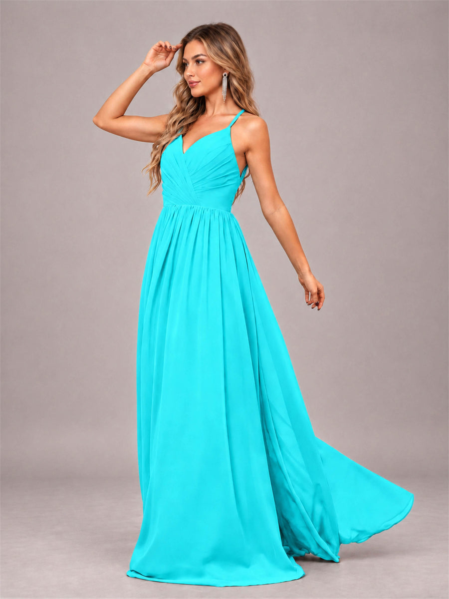 Turquoise Trendy V-Neck Spaghetti Straps Long Chiffon Bridesmaid Dress