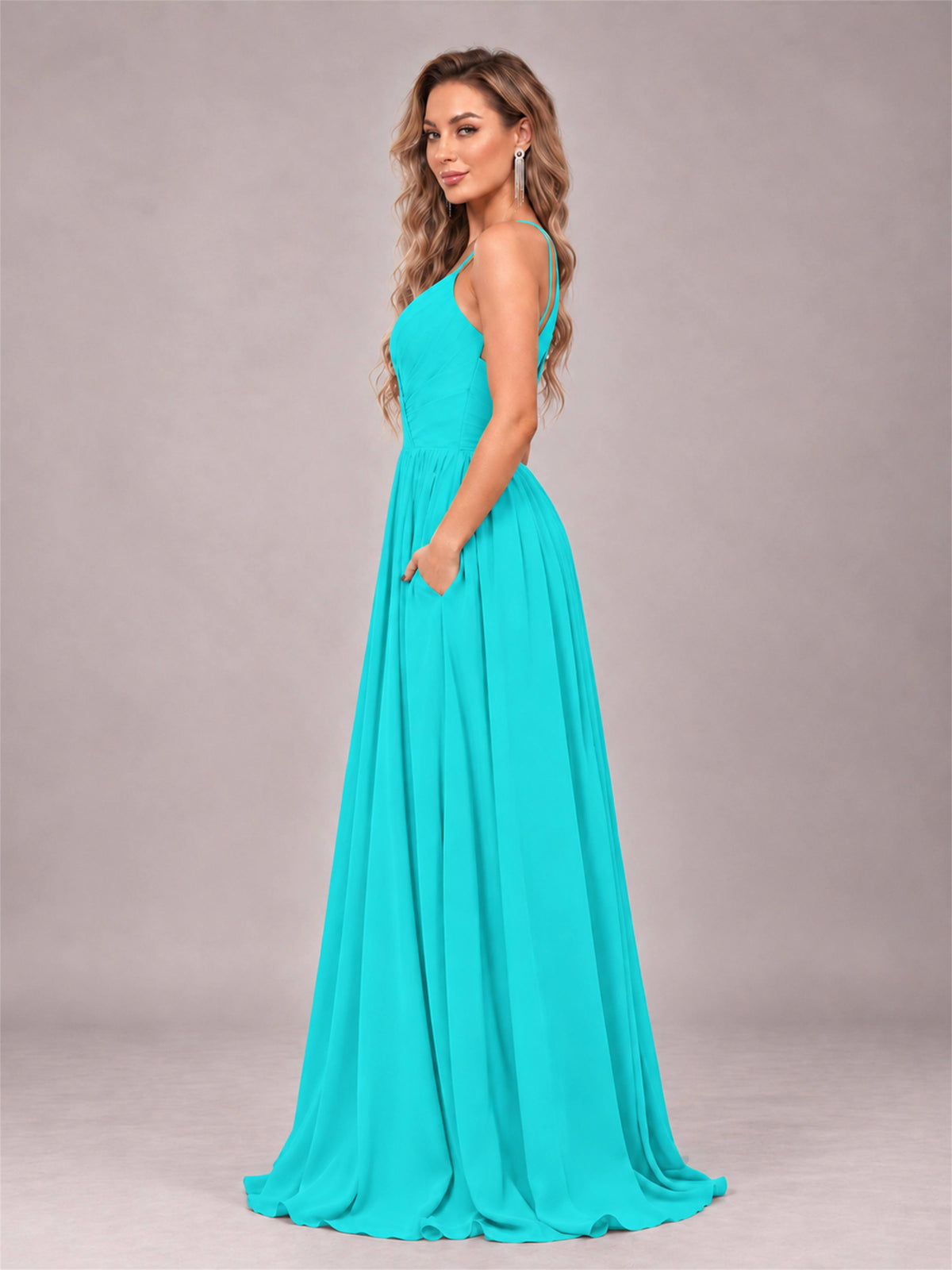 Turquoise Trendy V-Neck Spaghetti Straps Long Chiffon Bridesmaid Dress