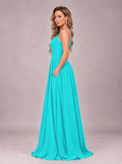 Turquoise Trendy V-Neck Spaghetti Straps Long Chiffon Bridesmaid Dress