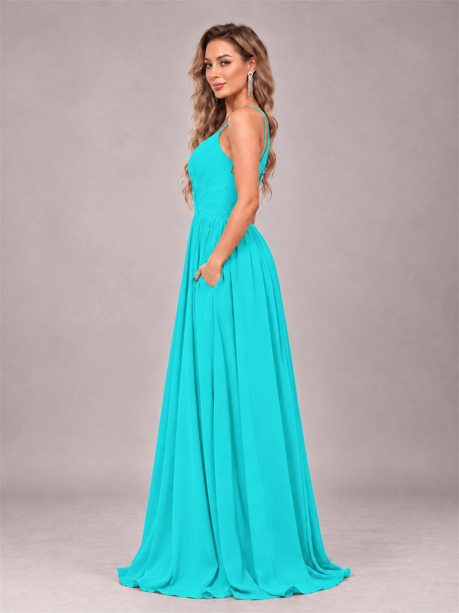 Turquoise Trendy V-Neck Spaghetti Straps Long Chiffon Bridesmaid Dress